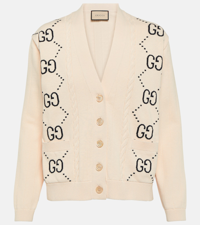 Gucci Gg Logo-intarsia Cotton Cardigan In 아이보리,블루