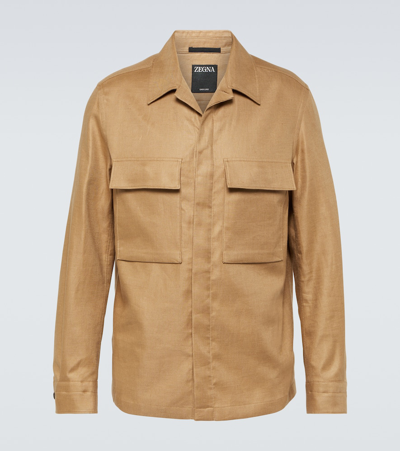 Zegna Linen Shirt Jacket In Dark Beige