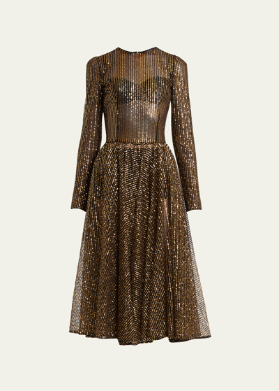 DOLCE & GABBANA MICRO SEQUINED TULLE FIT-FLARE MIDI DRESS
