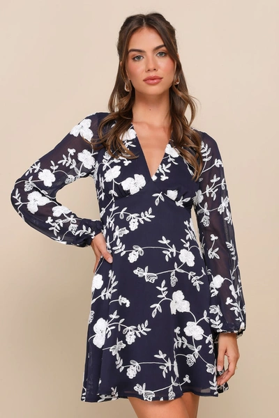 Lulus Adored Approach Navy Blue Embroidered Long Sleeve Mini Dress