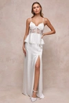 Lulus Iconic Adoration White Satin Peplum Sheer Bustier Maxi Dress In White