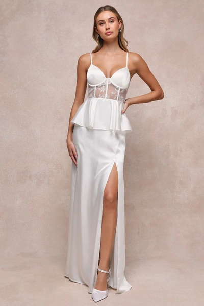 Lulus Iconic Adoration White Satin Peplum Sheer Bustier Maxi Dress
