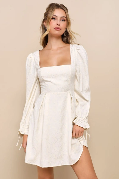 Lulus Elegant Adoration Cream Floral Jacquard Long Sleeve Mini Dress In White