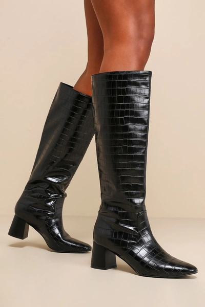 Lulus Bryson Black Crocodile-embossed Knee-high High Heel Boots