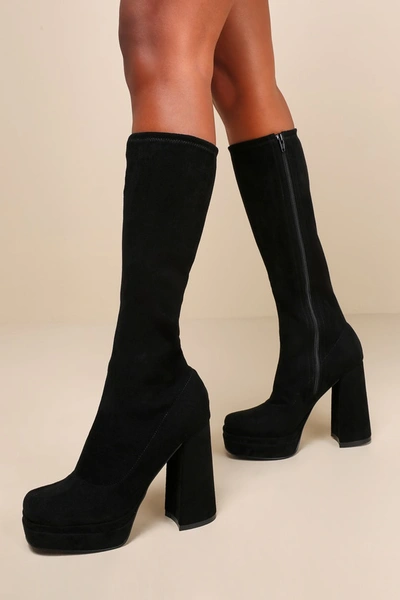 Lulus Kennedie Black Suede Double Platform Knee-high High Heel Boots