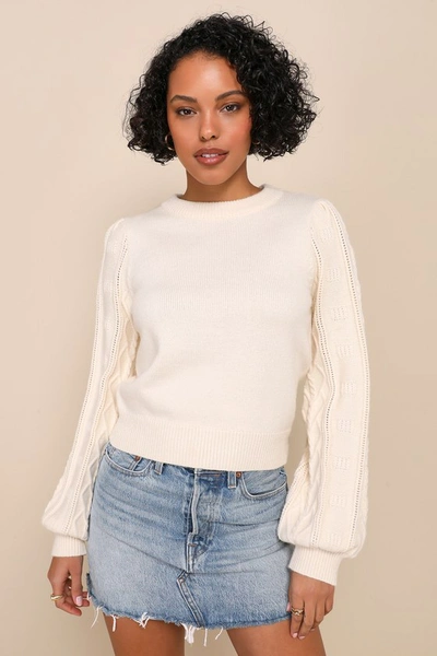 Lulus Warm Charm Cream Balloon Sleeve Pullover Sweater In White