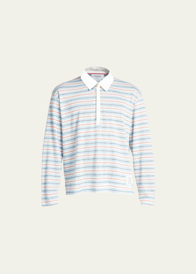 Thom Browne Men's Stripe Linen Jersey Long-sleeve Polo Shirt In Open Blue