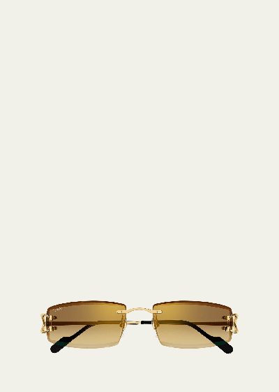 Cartier Men's Ct0465s Rimless Metal Rectangle Sunglasses In 003 Smooth Golden
