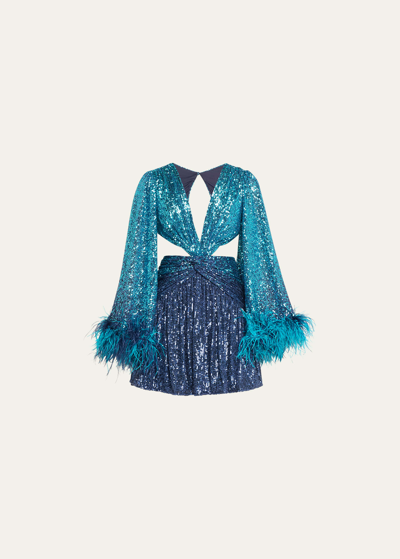 Patbo + Alessandra Ambrosio Cutout Feather-trimmed Sequined Tulle Mini Dress In Blue