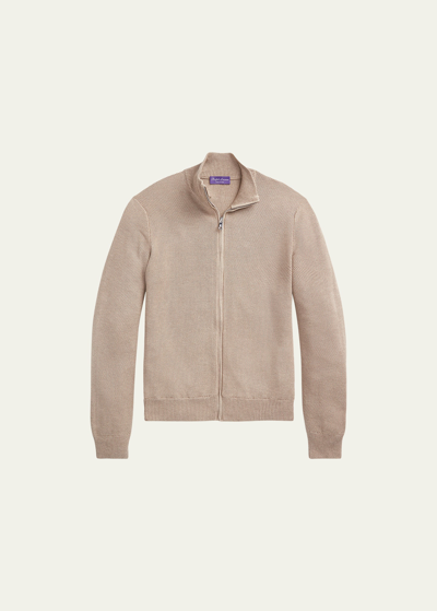 Ralph Lauren Men's Textured Silk Cotton Front-zip Sweater In Soft Brown