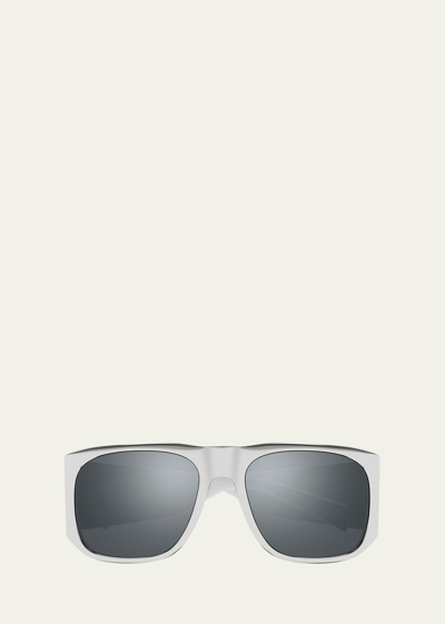 Saint Laurent Men's Sl 636 Thick Metal Rectangle Sunglasses In Shiny Silver
