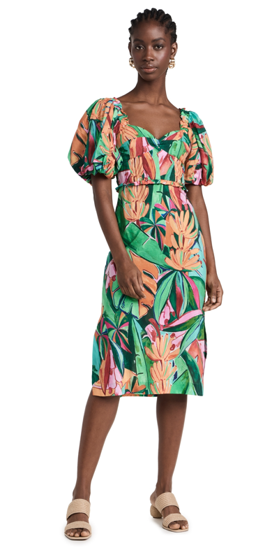 Farm Rio Puffed Sleeve Dress In Neutral