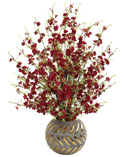 Nearly Natural 30in Cherry Blossom Artificial Arrangement In Stoneware Vase  With Gold Trimming In Red