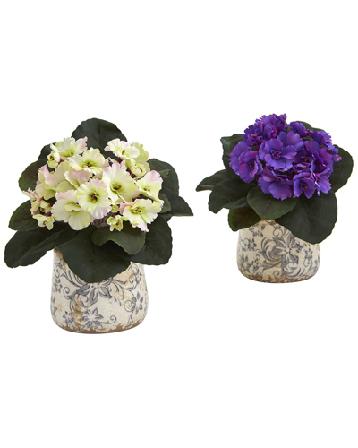 Nearly Natural Set Of Two 8in African Violet Artificial Plants In Floral Vase In Cream