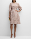 Rickie Freeman For Teri Jon Blouson-sleeve Metallic Jacquard Midi Dress In Blush Multi