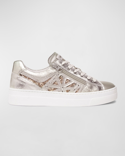 Nerogiardini Metallic Zip Cutout Glitter Sneakers In Beige/khaki