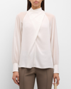 LAFAYETTE 148 PLEATED MOCK-NECK CROSSOVER BLOUSE