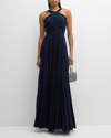 RICKIE FREEMAN FOR TERI JON PLEATED TWIST-FRONT A-LINE HALTER GOWN
