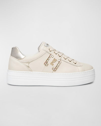 Nerogiardini Jeweled Logo Leather Skater Sneakers In Beige/khaki