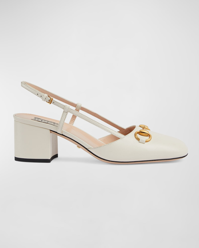 Gucci Lady Leather Horsebit Slingback Pumps In White