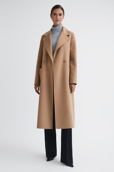 Reiss Lucia - Camel Long Wool Blend Blindseam Coat, Us 12