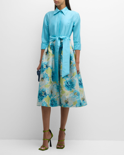Rickie Freeman For Teri Jon 3/4-sleeve Floral Jacquard Midi Shirtdress In Aqua Multi