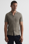 Reiss Caspa - Taupe Mercerised Jersey Cuban Collar Shirt, M