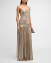 RETROFÉTE JOSIE STRAPLESS LAMÉ SLIT GOWN