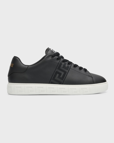 Versace Men's La Greca Leather Low-top Sneakers In Black Black