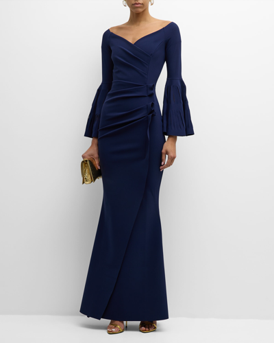 Chiara Boni La Petite Robe Pleated Cutout Bell-sleeve Mermaid Gown In Navy