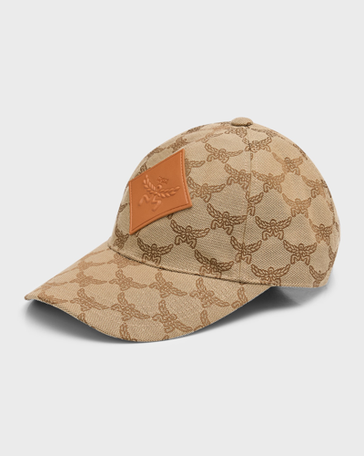 Mcm Logo Print Lauretos Denim Jacquard Baseball Cap In Beige