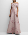 RICKIE FREEMAN FOR TERI JON OFF-SHOULDER METALLIC FLORAL JACQUARD GOWN