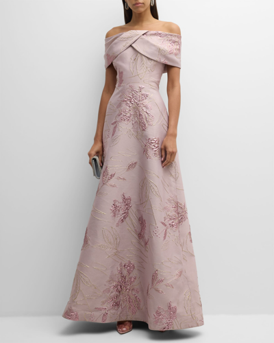 Rickie Freeman For Teri Jon Off-shoulder Metallic Floral Jacquard Gown In Mauve Multi
