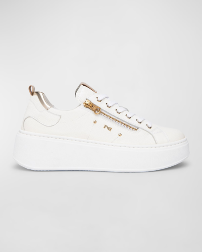 Nerogiardini Leather Zip Low-top Wedge Sneakers In White