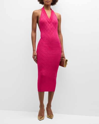 Balmain Diamond Knit Halter Midi Dress In Fuschia