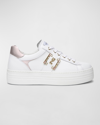 Nerogiardini Jeweled Logo Leather Skater Sneakers In White