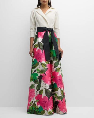 Rickie Freeman For Teri Jon Belted Floral-print A-line Gown In White Multi