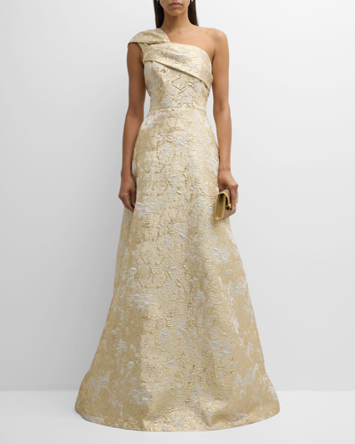 Rickie Freeman For Teri Jon One-shoulder Metallic Jacquard A-line Gown In Ivorygold