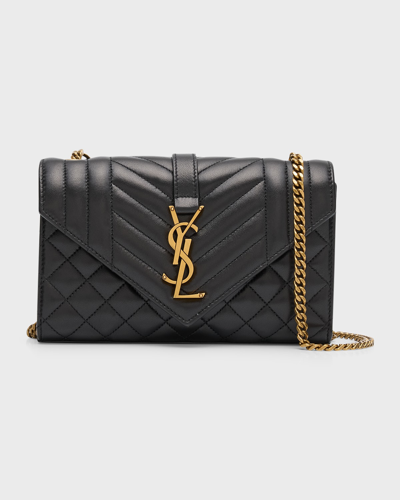 Saint Laurent Envelope Triquilt Small Ysl Shoulder Bag In Smooth Leather In Black