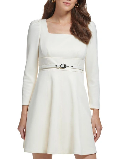 Dkny Petites Womens Square Neck Belted Mini Dress In White