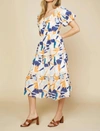 SKIES ARE BLUE ABSTRACT BOTANICAL MIDI DRESS IN TANGERINE NAVY