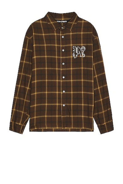 Palm Angels Logo Embroidered Checked Long-sleeved Shirt In Brown