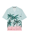 Palm Angels Palms Row Short Sleeve Button-up Bowling Shirt In Light Blue & Green