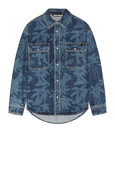 Palm Angels Palmity Laser-print Denim Shirt In Blue