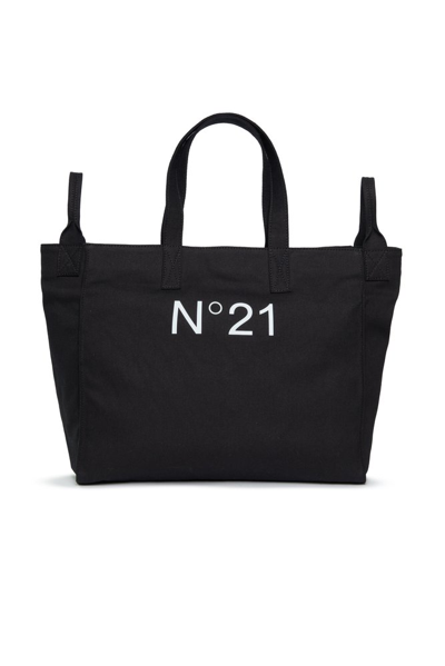 N°21 Kids' Logo Print Nylon Top Handle Bag In Black