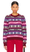 Ganni Pink Logo Wool Mix O-neck Pullover In Pink