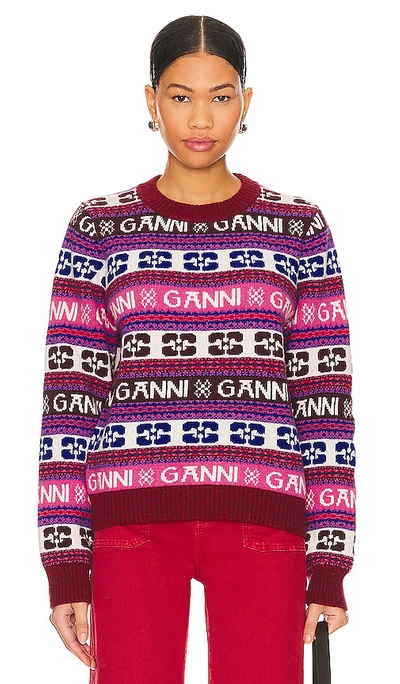Ganni Logo O-neck Sweater In Pink