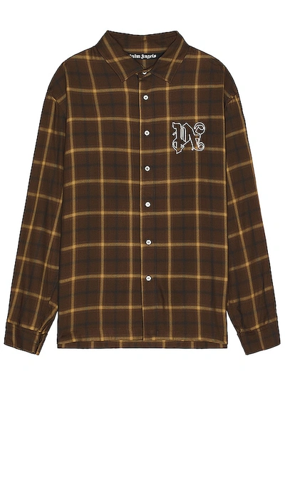 Palm Angels Logo Embroidered Checked Long-sleeved Shirt In Brown