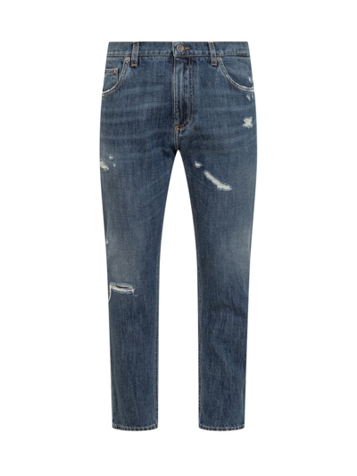 Dolce & Gabbana Logo-plaque Distressed Jeans In Blue