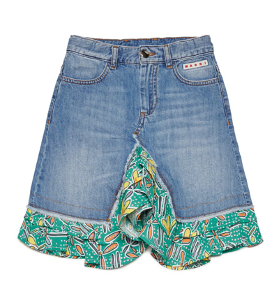 Marni Kids Ruffled Logo Patch Denim Skirt In Blue